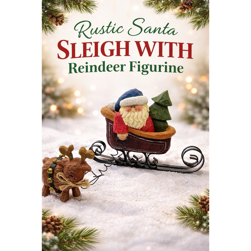 Whimsical Santa Sleigh & Reindeer Figurine Rustic Christmas Farmhouse Decor 7"